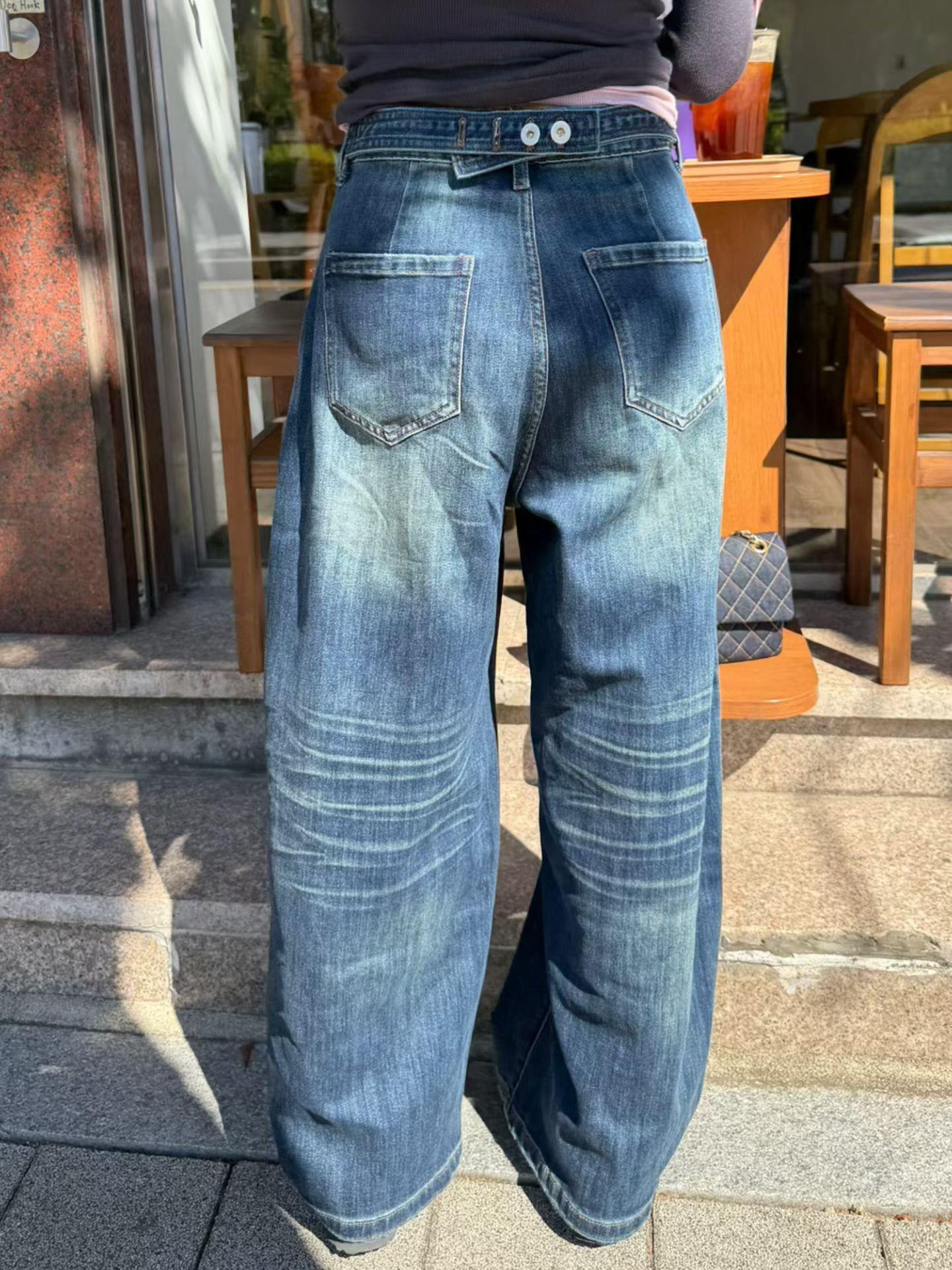 後釦拼接剪裁貓爪紋牛仔寬褲